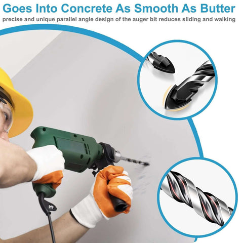 Ocasar 12-piece masonry and concrete drill bit set; side view of worker with green drill drilling a wall.