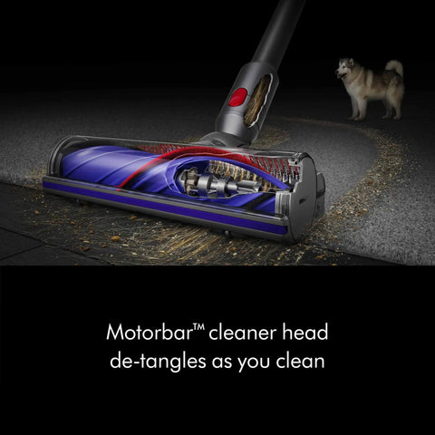 V11 Extra Cordless Vacuum Cleaner With Up To 60 Minutes Run Time, 60 Percent More Suction showing Motorbar cleaner detangling pet hair