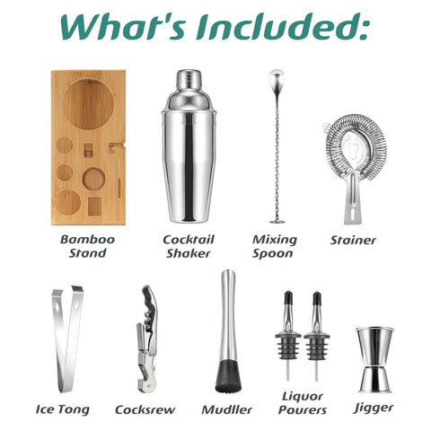 Ultimate Cocktail Shaker Set For Home Bartenders 18 8 Stainless Steel Mixology Kit With Bamboo Stand 10Piece Bar Tools