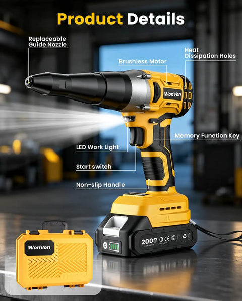 Cordless Rivet Gun Kit 20V Max Battery Brushless Workhorse Pop Rivet Tool with case, LED light, and brushless motor.