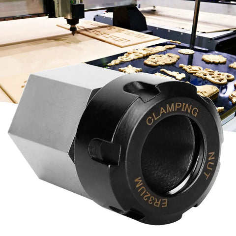 Hex Collet Block With Square Shank Chuck Holder For ER 32 Collets, CNC Lathe Engraving Machine, shown in workshop setting