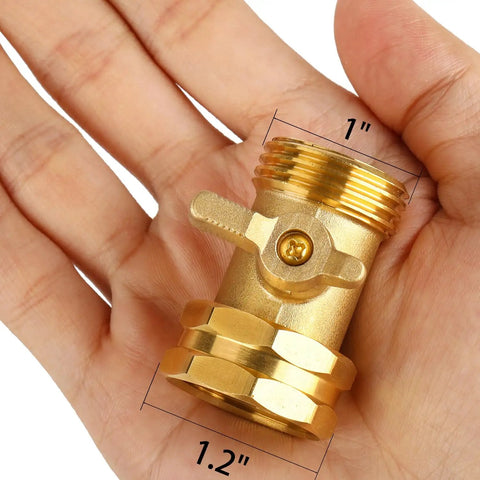 Extended Handle No Fuss Brass Hose Shut Off Valve For Garden, shown in hand with 3/4 inch connectors, corrosion resistant, 1.2 inch base
