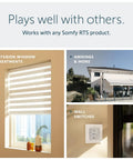 Collage showing Telis 1 Patio Remote For Outdoor Blinds And Shades, compatible with window treatments, awnings, and wall switches.