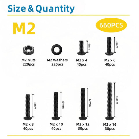 Heavy Duty M2 Screw Assortment Kit With Nuts And Washers Plus Wrench includes 660 pieces of various M2 screws and accessories.
