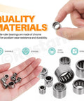 32 Piece Needle Roller Bearings Kit In 8 Sizes Chrome Steel Open End Drawn Cup Bearings shown in hand and highlighted for durability
