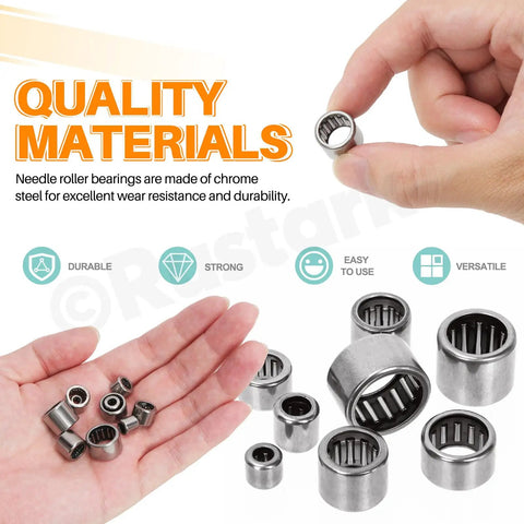 32 Piece Needle Roller Bearings Kit In 8 Sizes Chrome Steel Open End Drawn Cup Bearings shown in hand and highlighted for durability