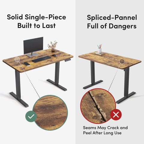 Comparison of large one piece standing desk 48 by 24 with electric height adjustment, solid single-piece vs spliced-panel.
