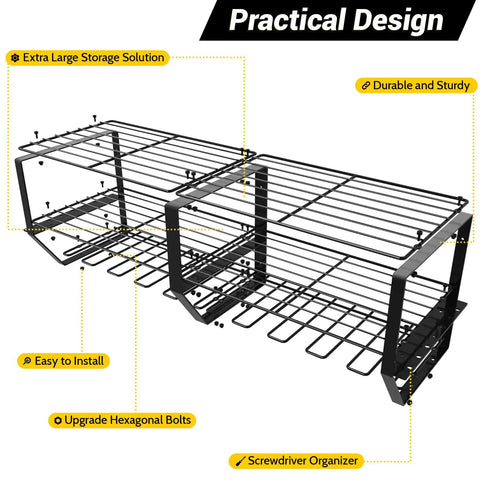 Heavy Duty Wall Mounted Power Tool Organizer with 3 tier iron garage rack and 10 drill slots shown with labels and design features