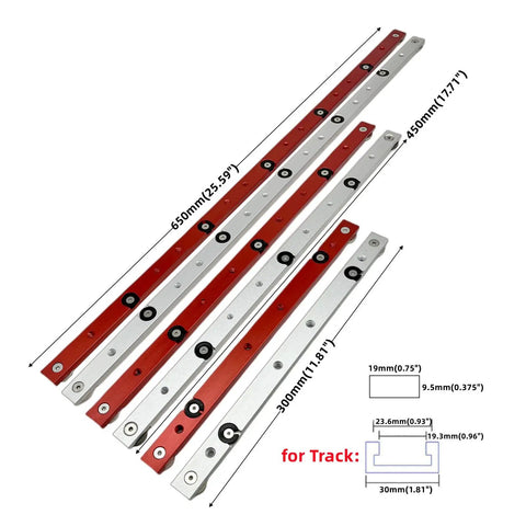 Aluminum Alloy Miter Gauge for T Slot Tracks with Smooth Slider in red and silver, lengths 300mm to 650mm, for woodworking jigs.