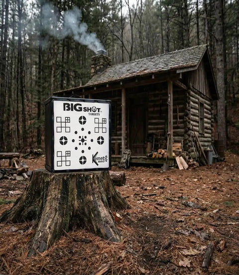 Iron Man 20 Kinetic Archery Target on stump in forest, 20x20x14 inches, featuring 95 shooting spots.
