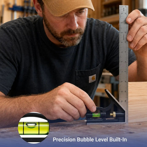 Job Site Ready 12 Inch Combination Square And Adjustable Carpenter Square with integrated bubble level in use.