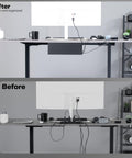 Before and after using Under Desk 17 Inch Cable Management Trays, 2 Pack Black Cord Organizer For Power Strips And Wires showing tidy desk.