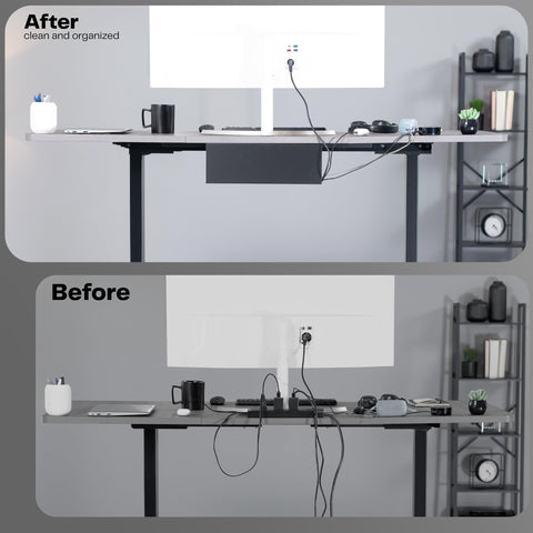 Before and after using Under Desk 17 Inch Cable Management Trays, 2 Pack Black Cord Organizer For Power Strips And Wires showing tidy desk.