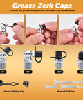 Vigruve Heavy Duty Grease Zerk Fittings Kit With 540pcs Galvanized Npt And Sae Metric Accessories Including Straight 45-90 Angled Nozzles Plus Caps And Wrench, 45° cap