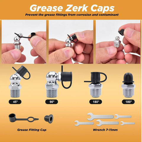 Vigruve Heavy Duty Grease Zerk Fittings Kit With 540pcs Galvanized Npt And Sae Metric Accessories Including Straight 45-90 Angled Nozzles Plus Caps And Wrench, 45° cap