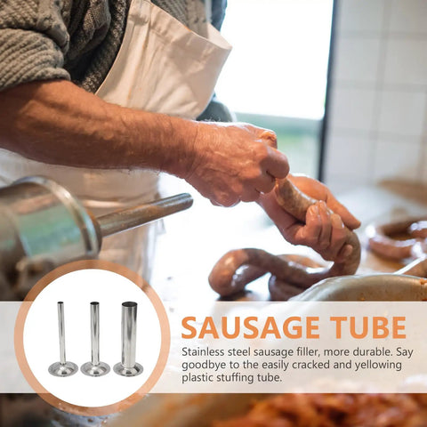 Person using Size 8 Stainless Steel Sausage Stuffer Tubes Set Three Tube Kit for Ground Beef Pork Turkey and Venison Meat Filler Tubes