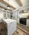 Modern kitchen with marble island, pendant lights, and wooden beams, showcasing brushed gold cabinet handles and square drawer pulls.