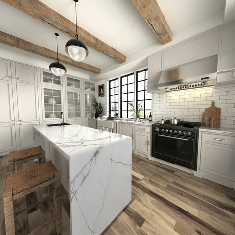 Modern kitchen with marble island, pendant lights, and wooden beams, showcasing brushed gold cabinet handles and square drawer pulls.