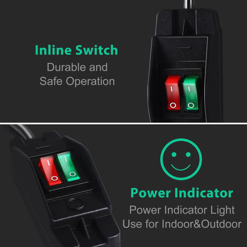 Close-up of two-way outdoor extension cord with independent on/off switches, showing red and green switch indicators.