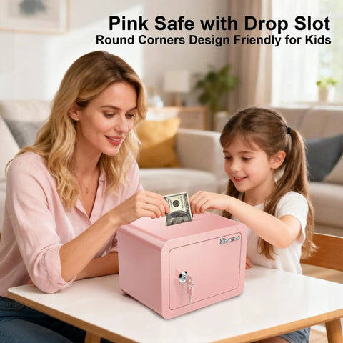 Woman and child using Pink Mini Safe For Kids And Home Portable Lock Box With Key For Money Cash Documents Dorm Room Safe.