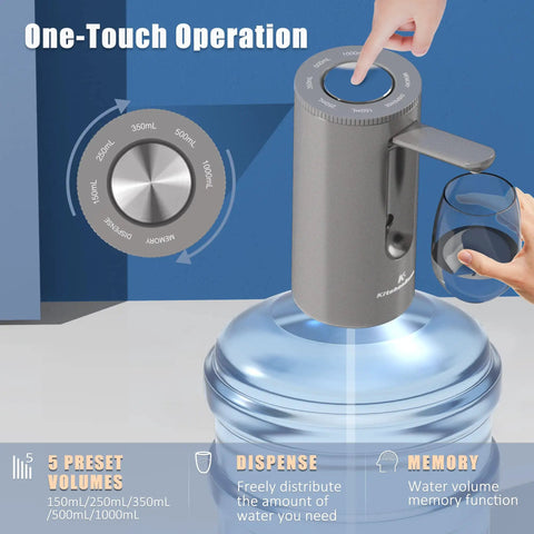 Foldable Automatic Water Bottle Pump For 1 To 5 Gallon Jugs Portable USB Rechargeable Electric Drinking Water Dispenser with preset volumes and silver finish
