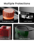Ray5 mini laser engraver: emergency stop knob, limit switch, acrylic cover, and safety glasses.