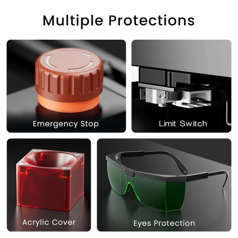 Ray5 mini laser engraver: emergency stop knob, limit switch, acrylic cover, and safety glasses.