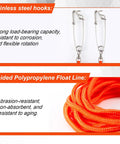 Spearfishing Float Line 100 Ft Orange Foam Filled Braided Polypropylene Tow Rope Pro Grade One Quarter Inch Diameter With Five Point Nine Inch Rotating Stainless Clamps And Stainless Hooks details