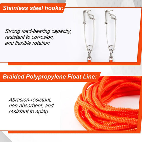 Spearfishing Float Line 100 Ft Orange Foam Filled Braided Polypropylene Tow Rope Pro Grade One Quarter Inch Diameter With Five Point Nine Inch Rotating Stainless Clamps And Stainless Hooks details