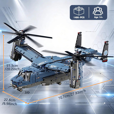 Military Helicopter Building Kit With Tiltrotor Inspired By The V22 Osprey Aircraft Transform Model side view with dimensions