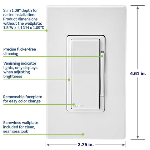 Slick WiFi Smart Dimmer Switch With Hassle Free App Control Smooth Fade Dimming And Remote Vibe Tweaks For Home And Office In Classic White Decorator Wall Plate front view with dimensions and features visible.