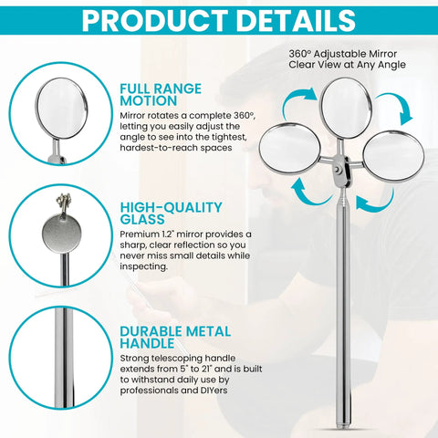 Product details of Two Pack Telescoping Inspection Mirrors Extendable From 5 To 21 Inches With 1.2 Inch Swivel Mirror Pocket Sized Auto Mechanic Tool