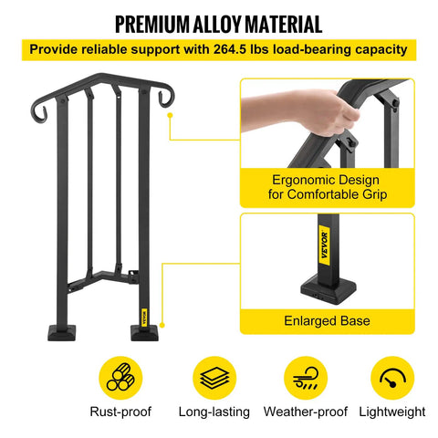 Outdoor Stair Railing For 1 Or 2 Steps Aluminum Handrail For Concrete Or Wood Stairs Black showing ergonomic grip and base support