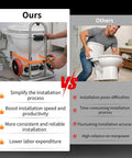 Comparison of Toilet Lift Cart With Wheels, Seat Lifter, And Plumbing Dolly with traditional method for toilet installation.