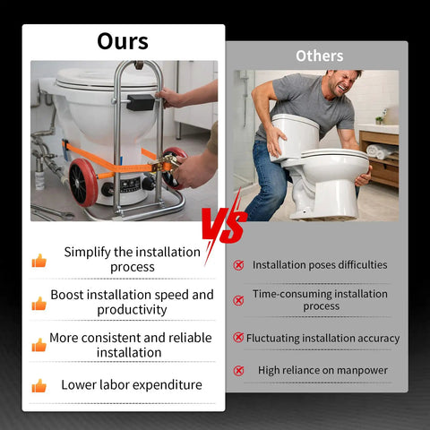 Comparison of Toilet Lift Cart With Wheels, Seat Lifter, And Plumbing Dolly with traditional method for toilet installation.