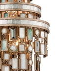 Close-up of Top Shelf Three Light Wall Sconce Hand Crafted From Solid Iron Showcasing Sharp Crystal and Stainless Accents.