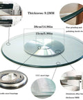 Round Tempered Glass Lazy Susan For Dining Table 31 To 43 Inch With Smooth Edges And Heavy Duty High Load Capacity Large Transparent Turntable Serving Plate, showing dimensions and design details.