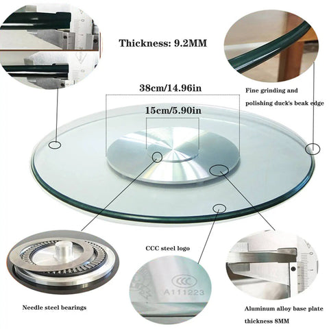 Round Tempered Glass Lazy Susan For Dining Table 31 To 43 Inch With Smooth Edges And Heavy Duty High Load Capacity Large Transparent Turntable Serving Plate, showing dimensions and design details.
