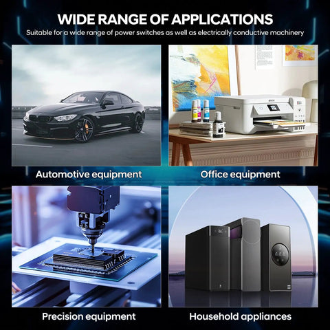 Collage of automotive, office, precision equipment, and household appliances showing Electrical Contact Grease For Conductive Connections And Switches uses.