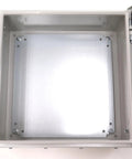 Open view of Heavy Duty 16 Gauge Steel Wall Mount Enclosure IP66 Weatherproof and NEMA 4 Indoor Outdoor Built Tough with backplate.