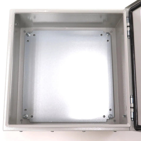 Open view of Heavy Duty 16 Gauge Steel Wall Mount Enclosure IP66 Weatherproof and NEMA 4 Indoor Outdoor Built Tough with backplate.