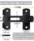 Four Pack 4 Inch Stainless Steel Gate Latches For Outdoor Fence Barn Doors Sliding Lock Hardware Black Finish Flip Latches For Cabinets Windows Closets Bifold Doors Durable Easy Install Built To Last, showing dimensions and screws.