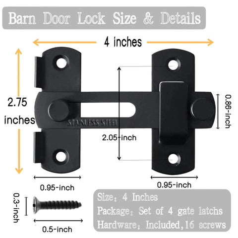 Four Pack 4 Inch Stainless Steel Gate Latches For Outdoor Fence Barn Doors Sliding Lock Hardware Black Finish Flip Latches For Cabinets Windows Closets Bifold Doors Durable Easy Install Built To Last, showing dimensions and screws.