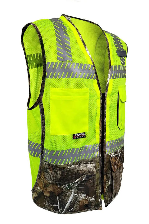 Kickass Class Two Surveyors Safety Vest Featuring Sleek Camo Lower Panel And Striking Reflective Taping Built From Zero Sweat Polyester Mesh For Daily Crew Grind Or Weekend Wild Hunt Ready Setup In Large, front view with zipper and pockets