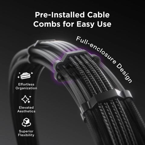 12VHPWR PCIe 5.0 PSU Extension Cable Kit with pre-installed combs, 16AWG soft braided, full-enclosure design, 30cm length