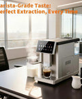 Top Shelf Super Automatic Espresso Maker With Built In Grinder And Dual Boiler Milk Frother For Pulling Seven Killer Shots At Home Featuring Slick Self Cleaning Tech And Absolute Barista Vibes In Silver Finish on kitchen table with steaming milk and brewed espresso.