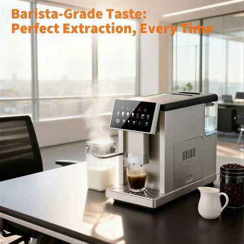 Top Shelf Super Automatic Espresso Maker With Built In Grinder And Dual Boiler Milk Frother For Pulling Seven Killer Shots At Home Featuring Slick Self Cleaning Tech And Absolute Barista Vibes In Silver Finish on kitchen table with steaming milk and brewed espresso.