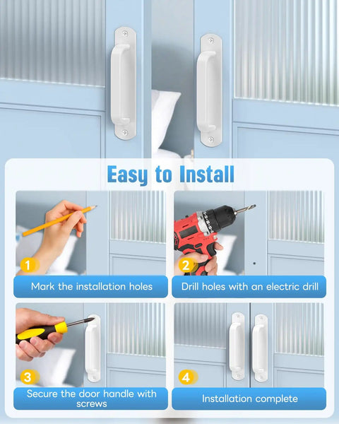Installation steps for 5.9 Inch Sliding Barn Door Handle Set White Aluminum Hardware Cabinet Pulls, including marking, drilling, and securing.