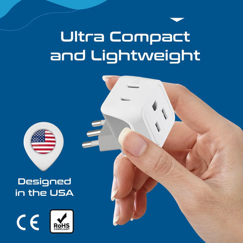 Person holding Italy And Chile Travel Plug Adapter Set With Type L Grounded Socket Dual USA Input Compact 3 Pack for cell phones