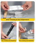 Hands demonstrating Heavy Duty Asphalt Roofing Tape That Kicks Leaks To The Curb With Heat Reflective Aluminum Foil after freezing.